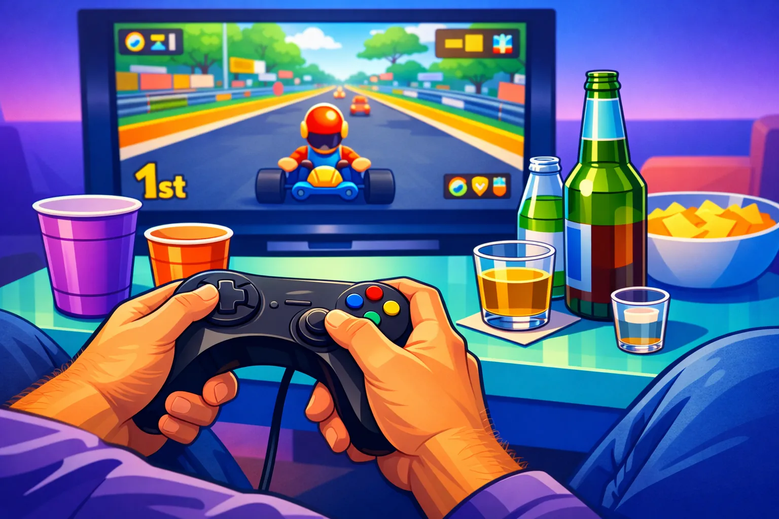 Mario Barf drankspel met Mario Kart en drankjes naast de controller